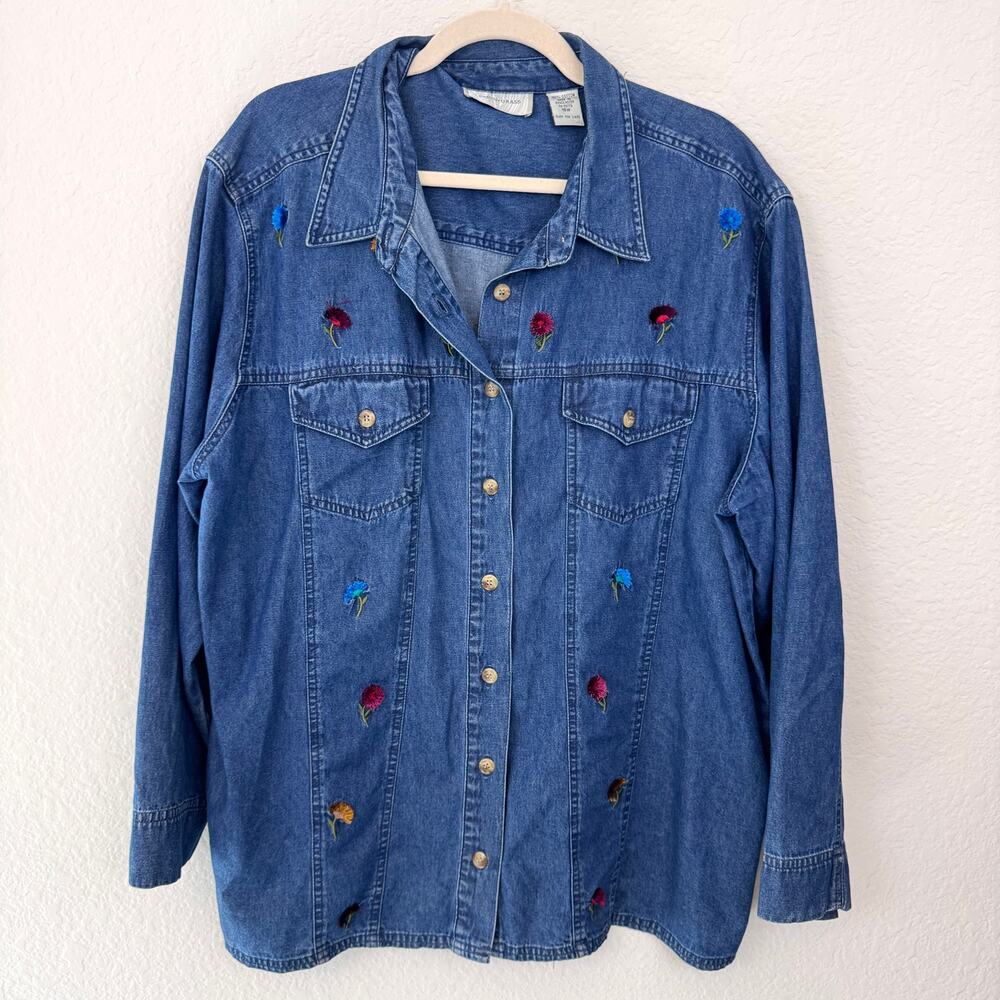 Lemon Grass Vintage Womens Button Denim Shirt Size 18W Floral Embroidered Blue